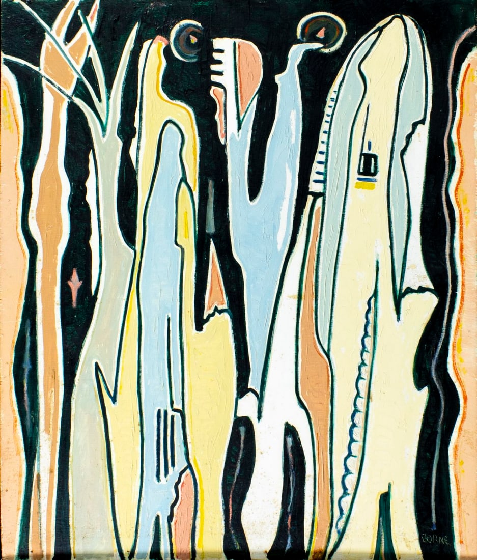 Mortimer Borne (NY,Poland,1902-1987) oil painting: ARTIST: Mortimer Borne (New York, Polish, 1902 - 1987) TITLE: Prayer (titled on stretcher) YEAR: 1980 MEDIUM: oil on board CONDITION: Some brown spots. M