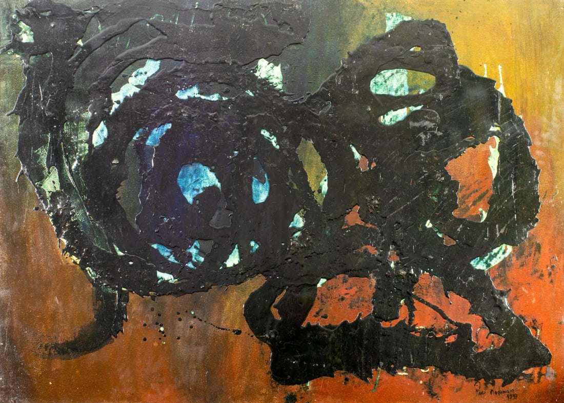 Pios Rodaman (FL,Brazil,b 1953) mixed media painting: ARTIST: Pios Rodaman (Florida, Brazilian, born 1953) TITLE: Abstract Composition YEAR: 1997 MEDIUM: mixed media on canvas. Canvas applied to board. CONDITION: