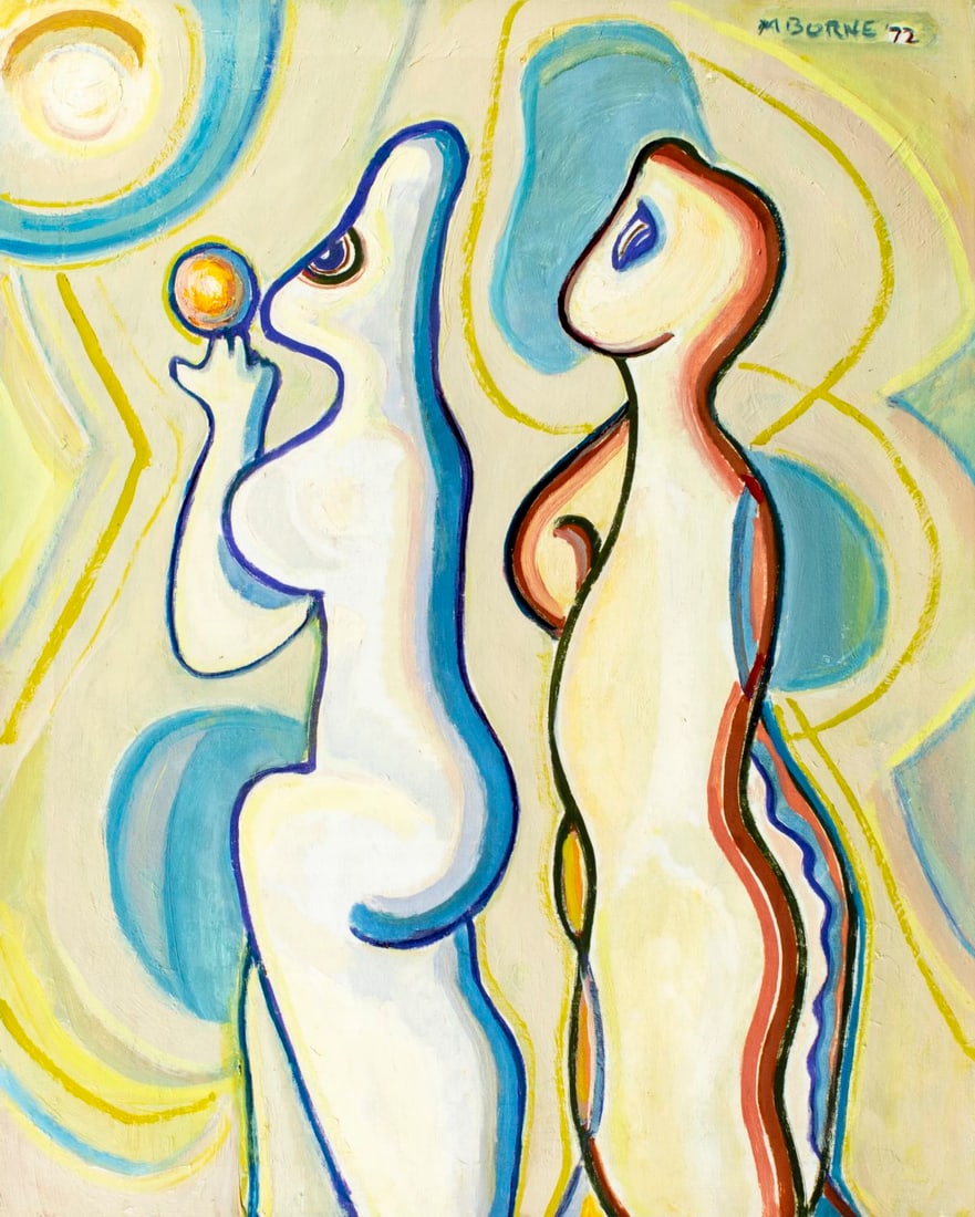 Mortimer Borne (NY,Poland,1902-1987) oil painting: ARTIST: Mortimer Borne (New York, Polish, 1902 - 1987) TITLE: Extraterrestrials (titled on stretcher) YEAR: 1972 MEDIUM: oil on canvas CONDITION: Some pa
