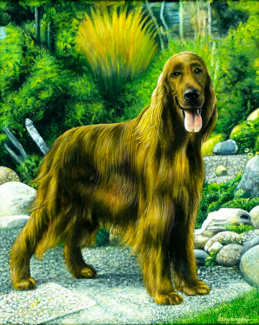 Rang Ming Yi (China,20C) oil painting: ARTIST: Rang Ming Yi (Chinese, 20 century) TITLE: Irish Setter Dog MEDIUM: oil on canvas CONDITION: Few minor scratches/paint losses. No visible inpaint under UV light. Mino