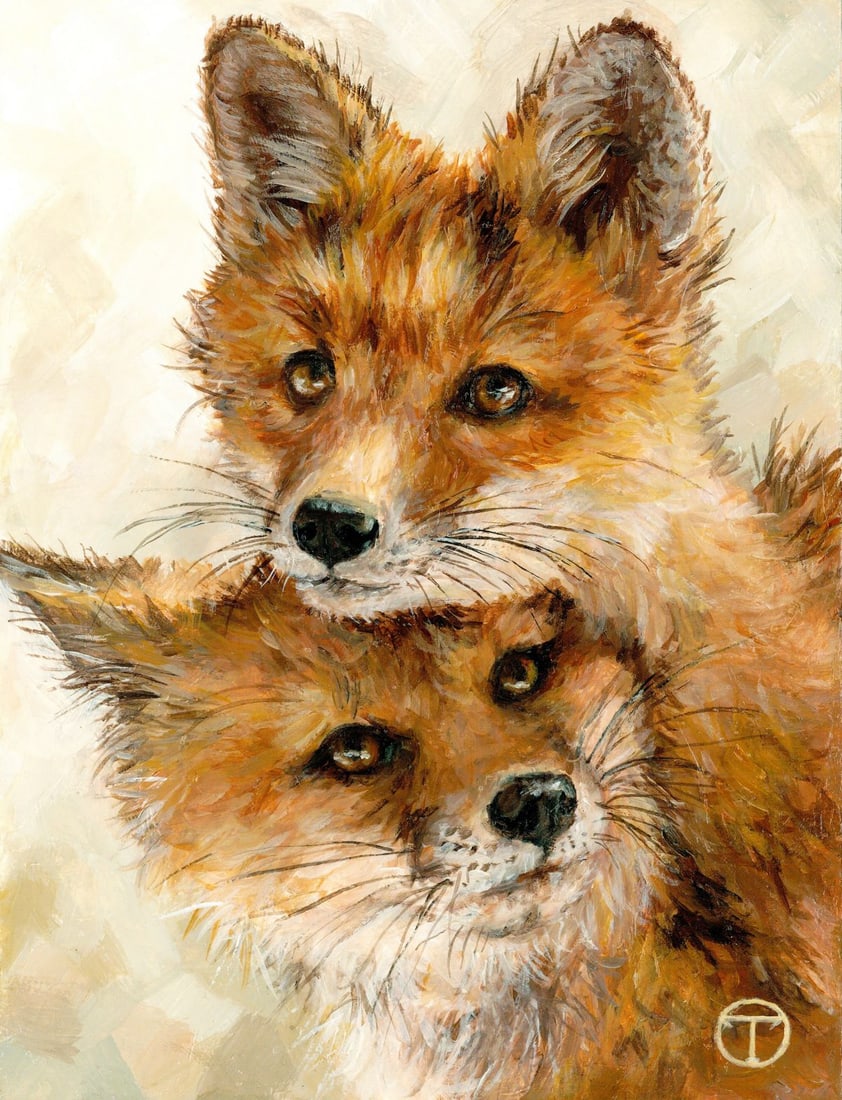 Olia Tomkova (Ukraine,b 1993) acrylic painting: ARTIST: Olia Tomkova (Ukraine, born 1993) TITLE: Two Foxes (titled on verso) MEDIUM: acrylic on board CONDITION: Very good. ART SIZE: 9 x 7 inches / 23 x