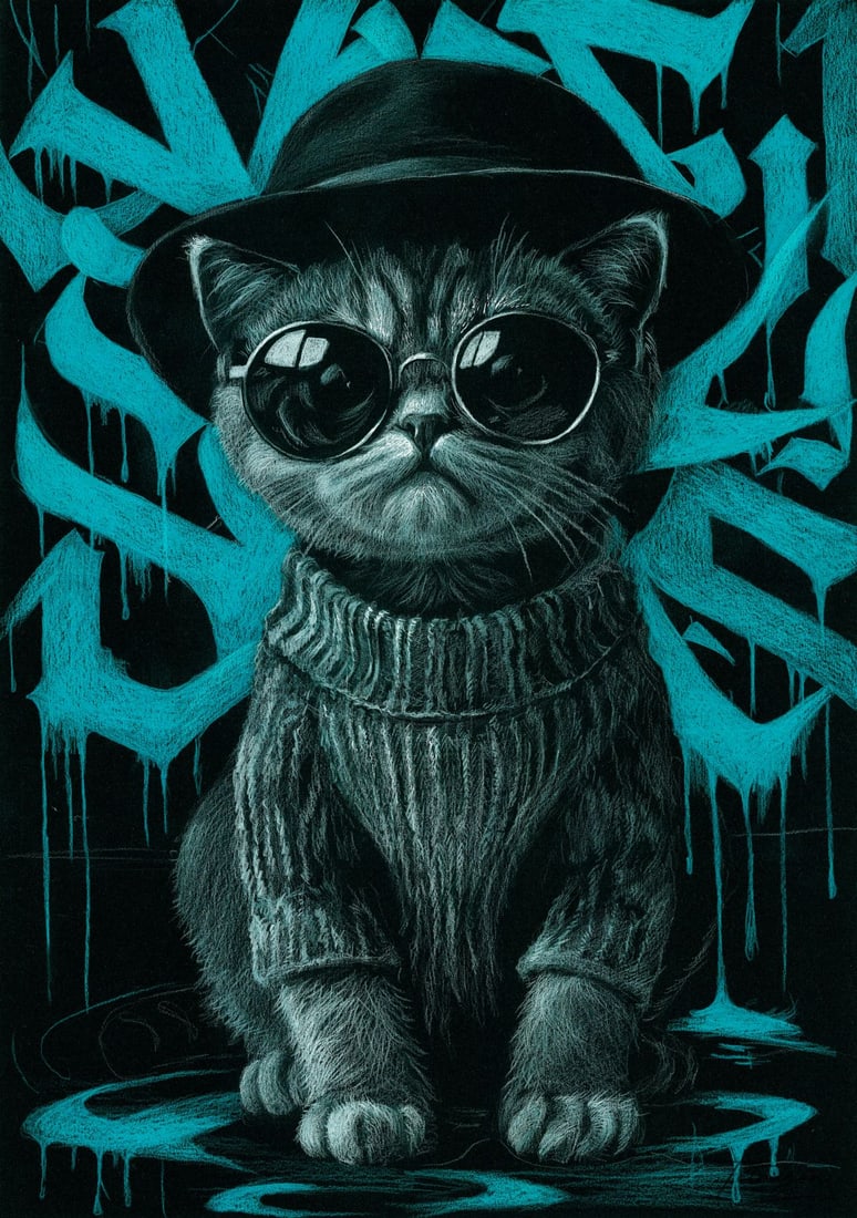 Anna Tetragon (Ukraine,20/21C) pastel painting: ARTIST: Anna Tetragon (Ukraine, 20/21 centuries) TITLE: Cat with Hat and Sunglasses MEDIUM: pastel on heavy paper CONDITION: Very good. ART SIZE: 17 x 12