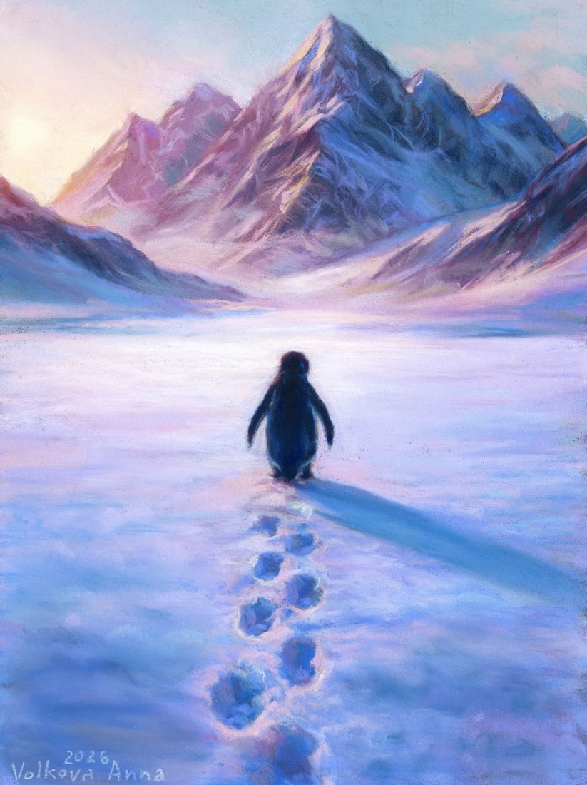 Anna Volkova (Ukraine,20/21C) pastel painting: ARTIST: Anna Volkova (Ukraine, 20/21 centuries) TITLE: Penguin on Snow Landscape MEDIUM: pastel on heavy paper CONDITION: Very good. ART SIZE: 10 x 7 inc