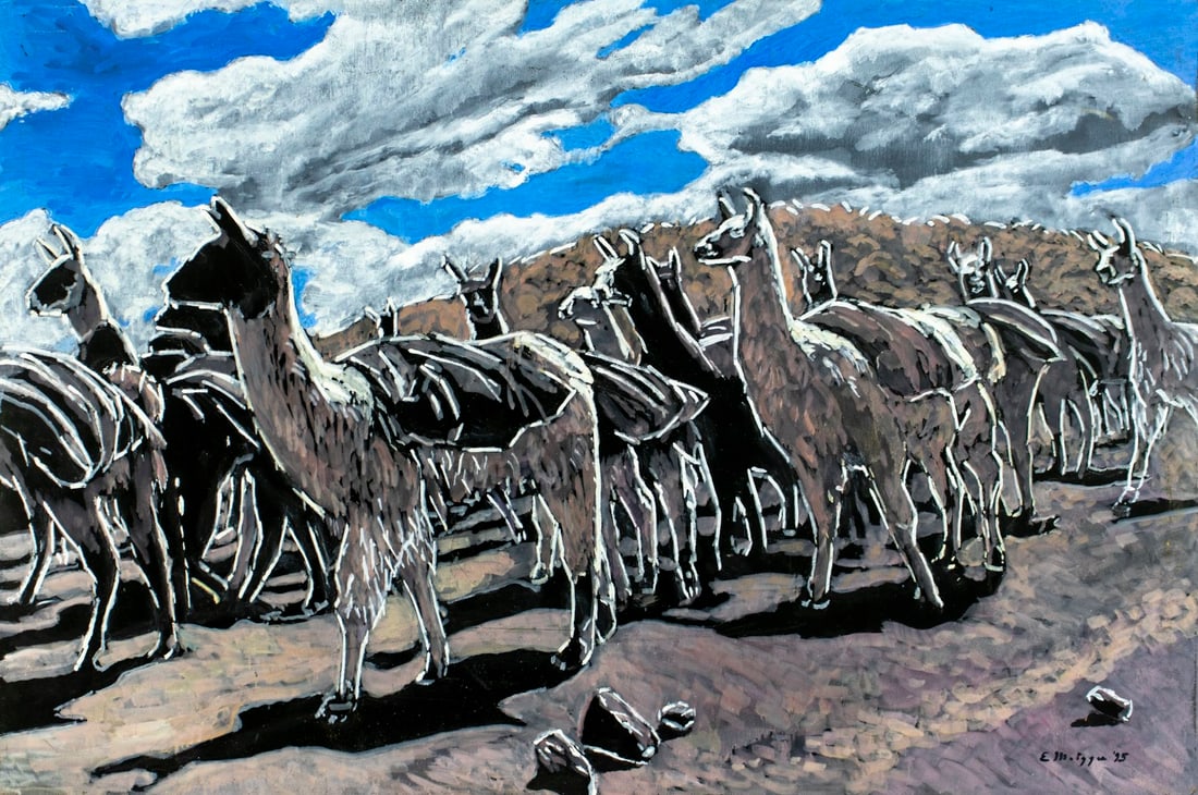 Evelyn Metzger (NY,Brazil,1911-2007) oil painting: ARTIST: Evelyn Borchard Metzger (New York, Brazilian, 1911 - 2007) TITLE: Herd of Llamas YEAR: 1995 MEDIUM: oil on board CONDITION: Some scratches/pain