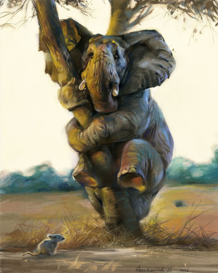 Zoya Grechanyuk (Ukraine,b 1977) pastel painting: ARTIST: Zoya Grechanyuk (Ukraine, born 1977) TITLE: Elephant and Mouse MEDIUM: pastel on heavy paper CONDITION: Very good. ART SIZE: 12 x 9 inches / 30 x