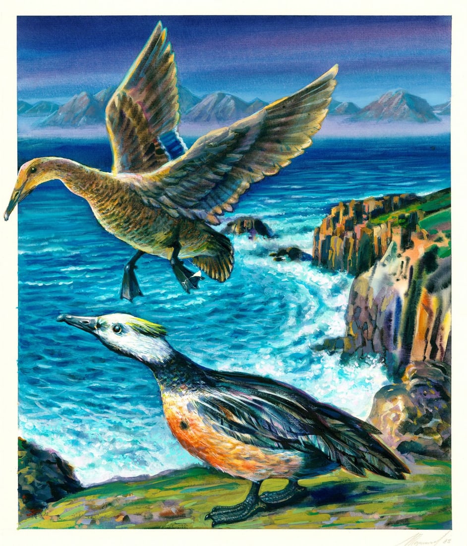 Ivan Kozlov (Russia,1937-?) gouache painting: ARTIST: Ivan Kozlov (Russian, 1937 - ???) TITLE: Duck - Stellers Eider (titled on verso) YEAR: 1993 MEDIUM: gouache on heavy paper CONDITION: Some tears