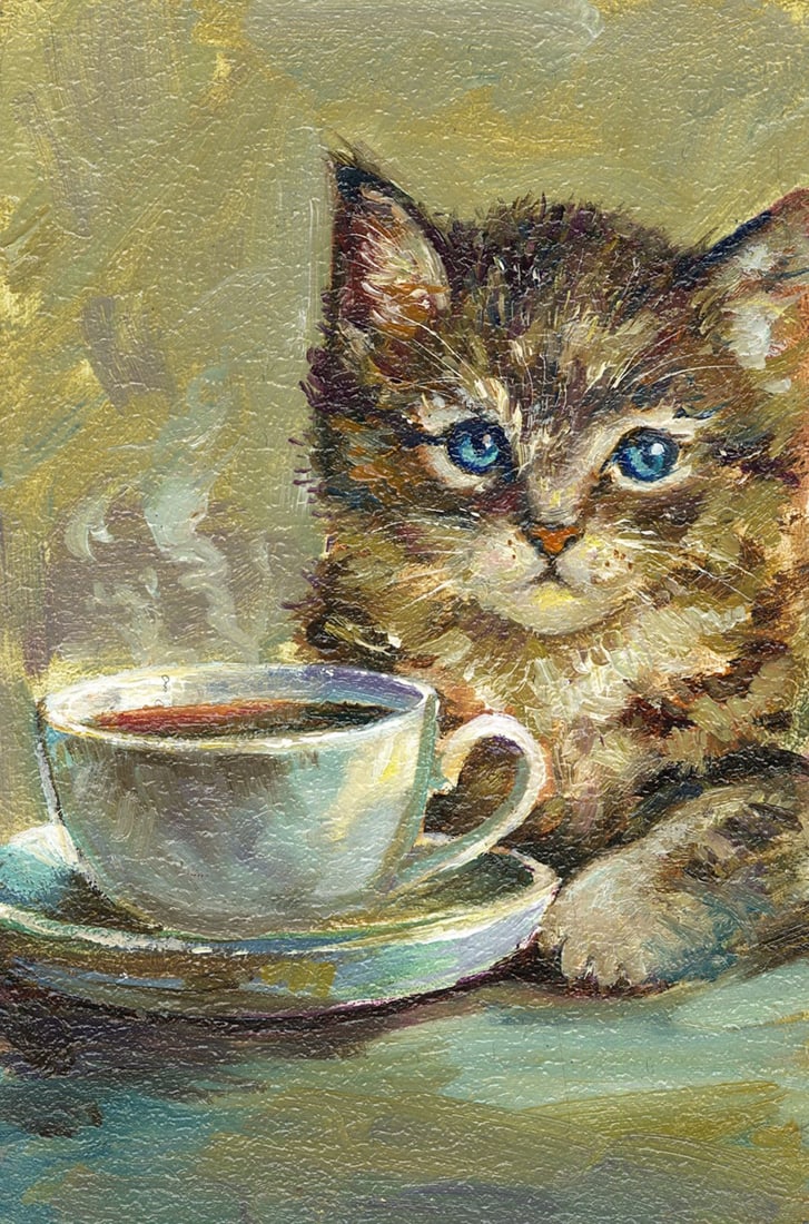 Sergey Kozachkin (Ukraine,b 1965) oil painting: ARTIST: Sergey Vasilievich Kozachkin (Ukraine, born 1965) TITLE: Cat with Teacup MEDIUM: oil on board CONDITION: Very good. No visible inpaint under UV light. ART