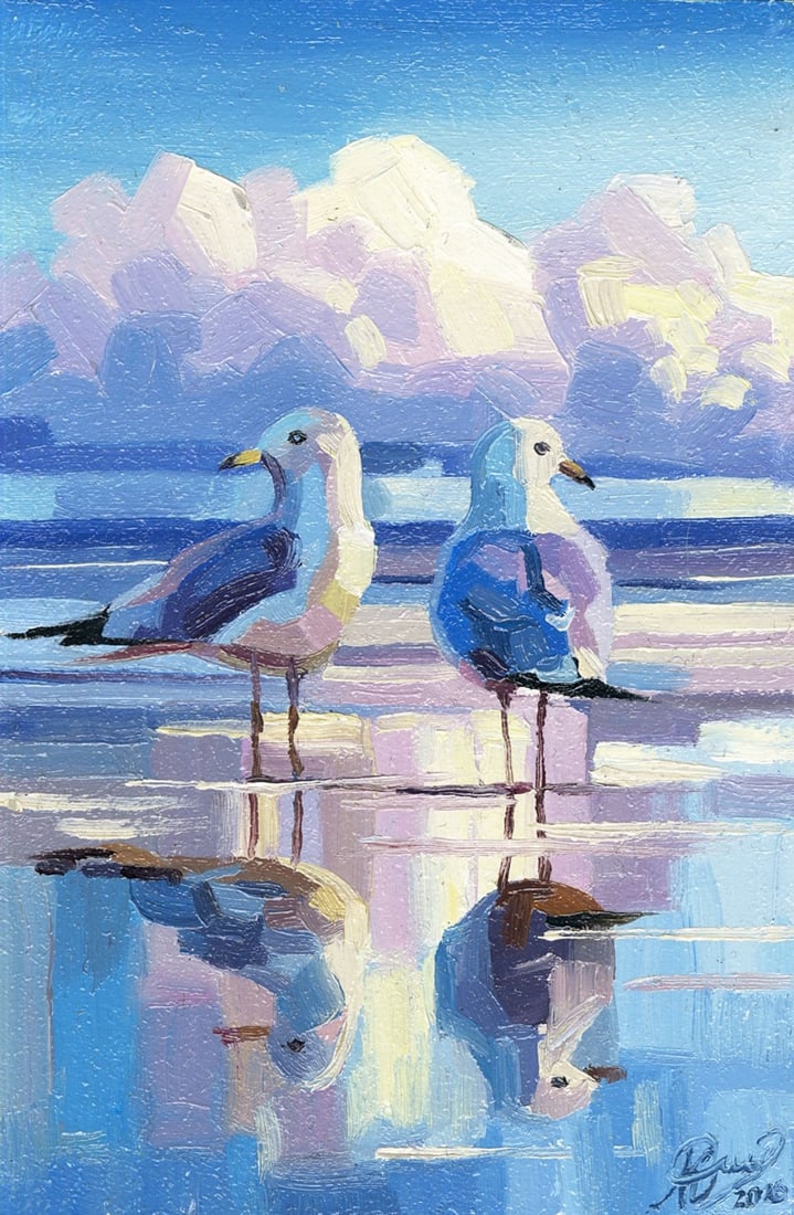 Anna Kozachuk (Ukraine,b 2002) oil painting: ARTIST: Anna Vladimirovna Kozachuk (Ukraine, born 2002) TITLE: Two Seagulls on Beach MEDIUM: oil on board CONDITION: Very good. No visible inpaint under UV light.