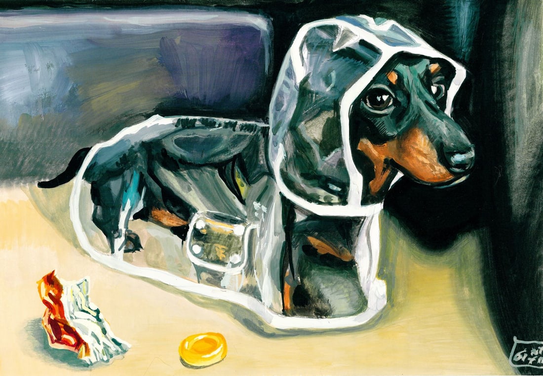 Halyna Yeromenko Afana (Ukraine,20/21C) mixed media painting: ARTIST: Halyna Yeromenko Afana (Ukraine, 20/21 centuries) TITLE: Dachshund Dog MEDIUM: mixed media on heavy paper CONDITION: Very good. ART SIZE: 8 x 12