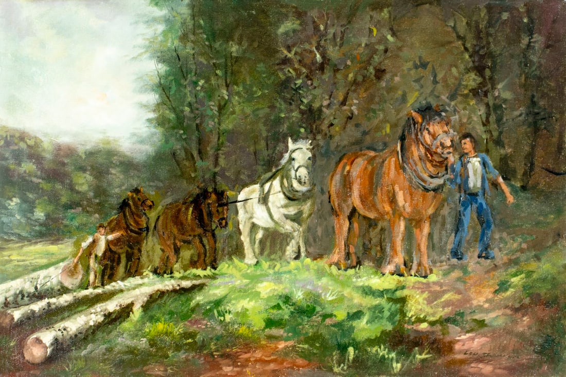 Vintage mid 20C European oil painting signed: ARTIST: - (Europe, mid 20 century) TITLE: Landscape with Horses MEDIUM: oil on canvas CONDITION: Minor damage to the left edge. One patch. Few minor paint losses. No visib