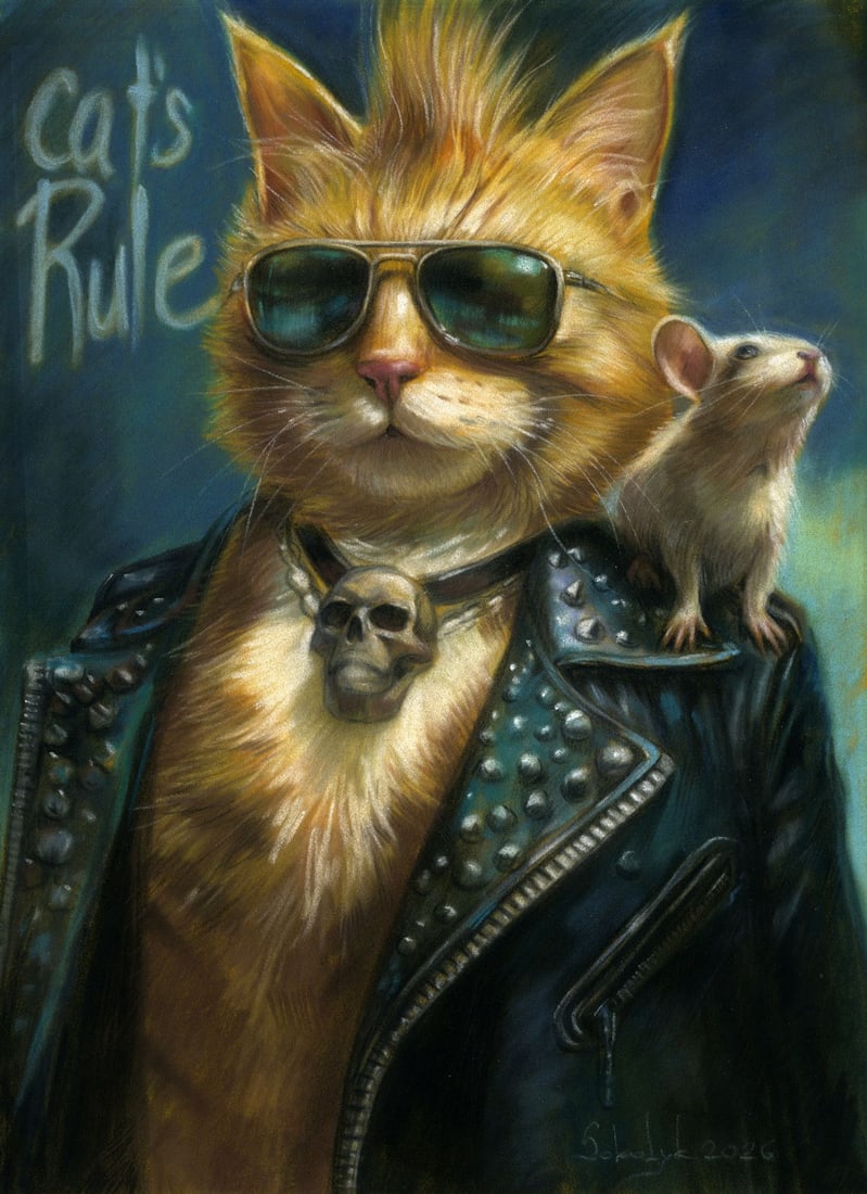 Vira Sokolyk (Ukraine,b 1999) pastel painting: ARTIST: Vira Sokolyk (Ukraine, born 1999) TITLE: Cat in Sunglasses MEDIUM: pastel on heavy paper CONDITION: Very good. ART SIZE: 12 x 8 inches / 30 x 20