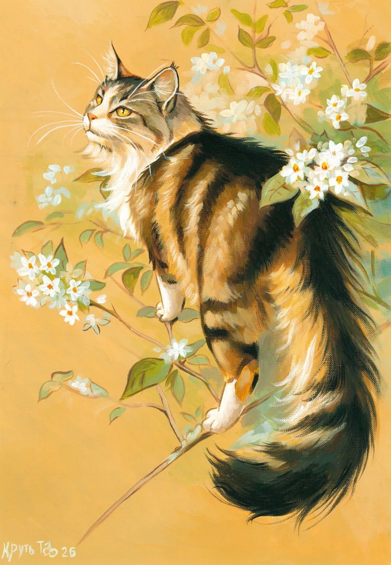 Tatiana Krut (Ukraine,20/21C) acrylic painting: ARTIST: Tatiana Krut (Ukrainian, 20/21 centuries) TITLE: Tabby Cat with Flowers MEDIUM: acrylic on heavy paper CONDITION: Very good. ART SIZE: 13 x 9 inc