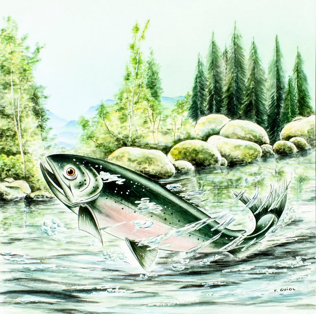 Francois Guiol (France,b 1952) watercolor painting: ARTIST: Francois Guiol (French, born 1952) TITLE: Salmon Fish (titled on verso) YEAR: 1991 MEDIUM: watercolor on heavy paper CONDITION: Very good.