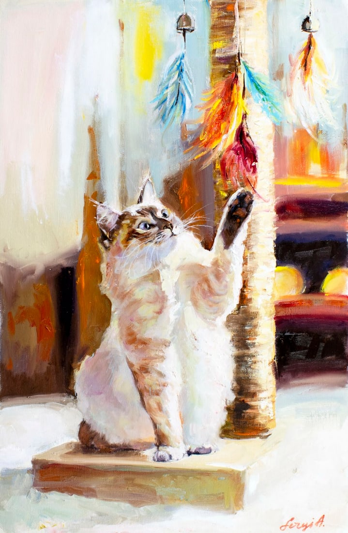 Alex Siryi (Ukraine,b 1997) oil painting: ARTIST: Alex Siryi (Ukrainian, born 1997) TITLE: Cat Playing MEDIUM: oil on canvas CONDITION: Unstretched (In-House stretching available) (In-House stretching available). Ve