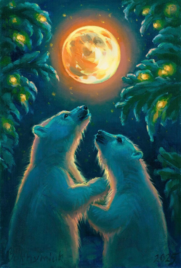 Svetlana Yukhymiuk (Ukraine,20/21C) oil painting: ARTIST: Svetlana Yukhymiuk (Ukraine, 20/21 centuries) TITLE: Polar Bears and Moon MEDIUM: oil on heavy paper CONDITION: Very good. No visible inpaint under UV light.