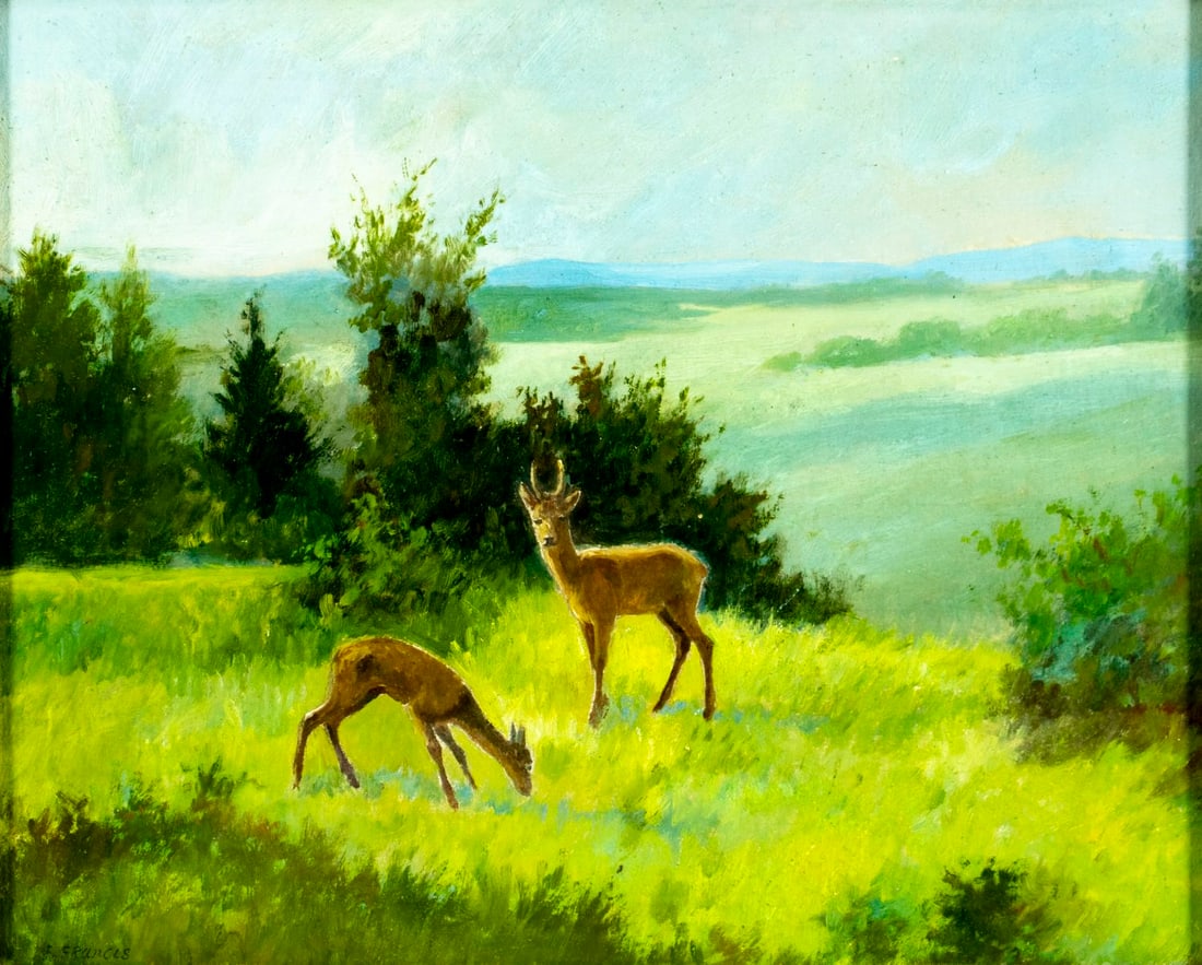 F Francis (US,20C) oil painting: ARTIST: F Francis (American, 20 century) TITLE: Landscape with Deer MEDIUM: oil on board CONDITION: Some small scratches/paint losses. No visible inpaint under UV light. Wea