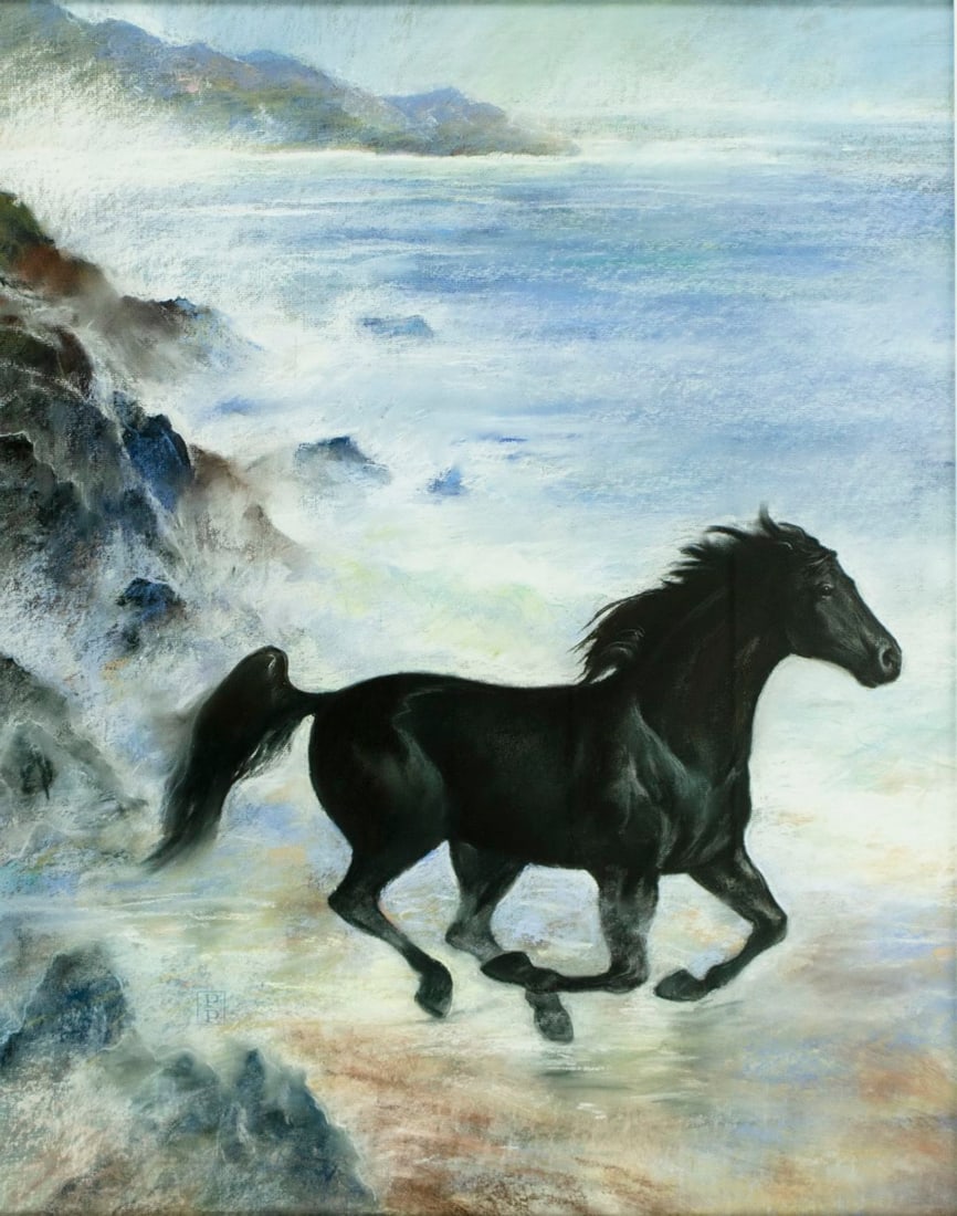 Pamela Patrick White (PA,20/21C) pastel painting: ARTIST: Pamela Patrick White (Pennsylvania, 20/21 centuries) TITLE: Horse - The Black Stallion MEDIUM: pastel on paper CONDITION: Overall good. Framed under glass. Wear to f