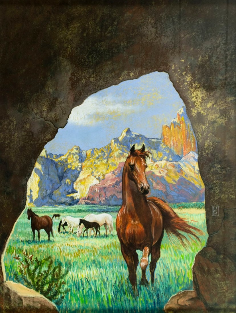 Pamela Patrick White (PA,20/21C) pastel painting: ARTIST: Pamela Patrick White (Pennsylvania, 20/21 centuries) TITLE: Horses MEDIUM: pastel on paper CONDITION: Very good. Framed under glass. Wear to frame. ART SI
