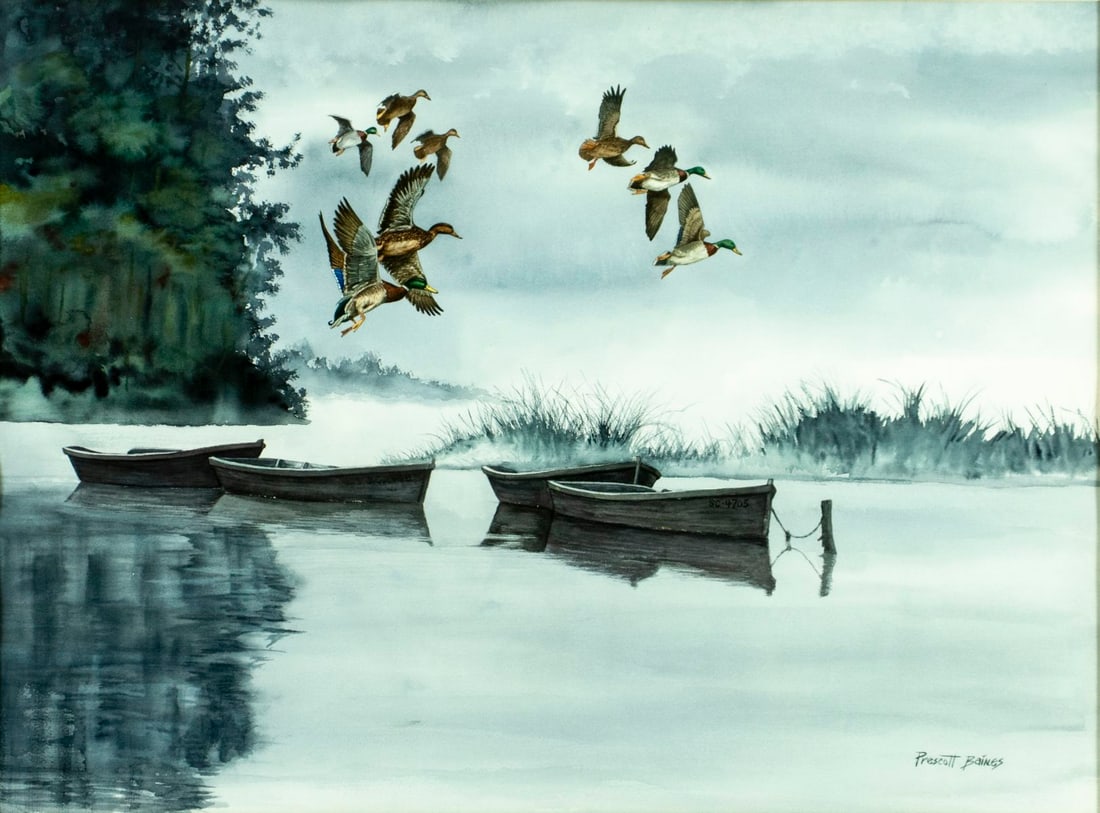 Prescott S Baines (SC,1941-2013) watercolor painting: ARTIST: Prescott S Baines (South Carolina, 1941 - 2013) TITLE: Misty Morning (titled on verso) MEDIUM: watercolor on paper CONDITION: Very good. Framed under glass. Wear to