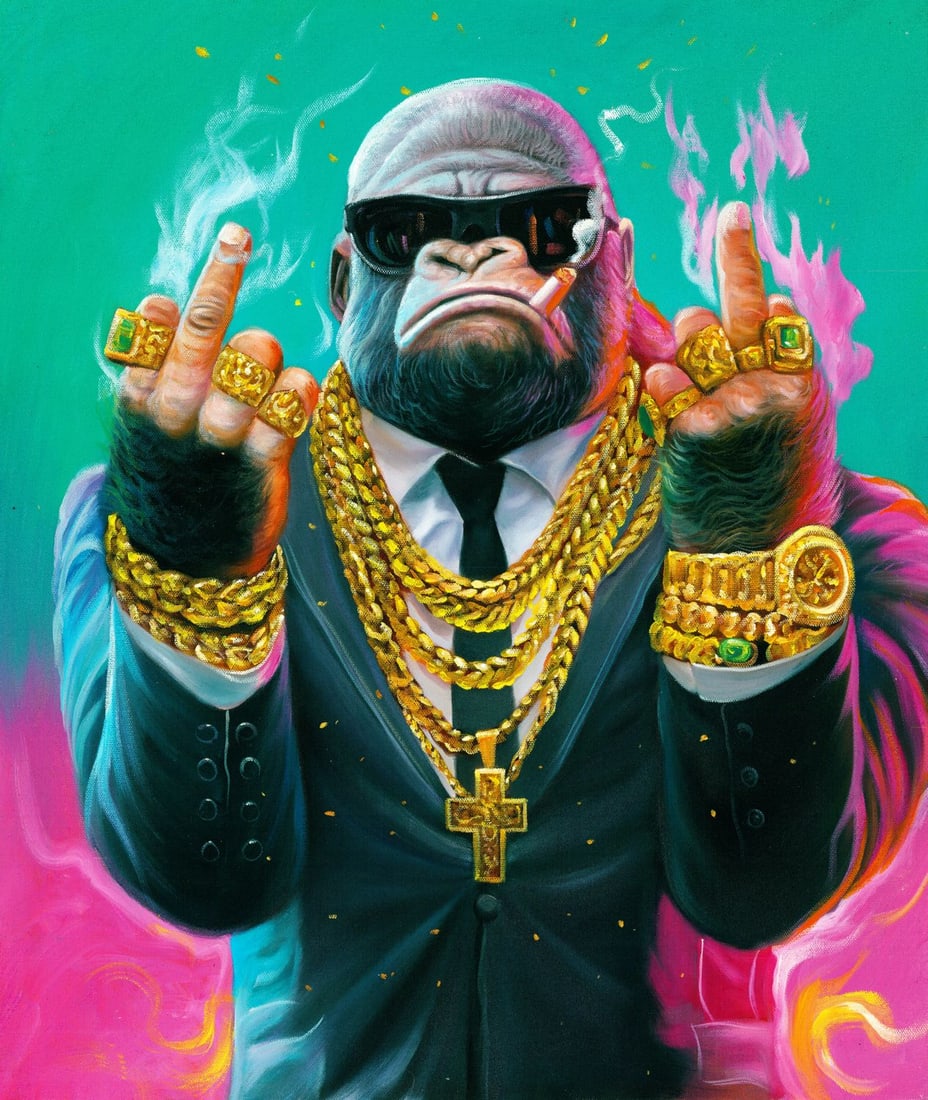 Attchai Cherehon (Thai,b 1980) oil painting: ARTIST: Attchai Cherehon (Thailand, born 1980) TITLE: Gorilla in Suit with Gold Chains MEDIUM: oil on canvas CONDITION: Unstretched (In-House stretching available). Very goo