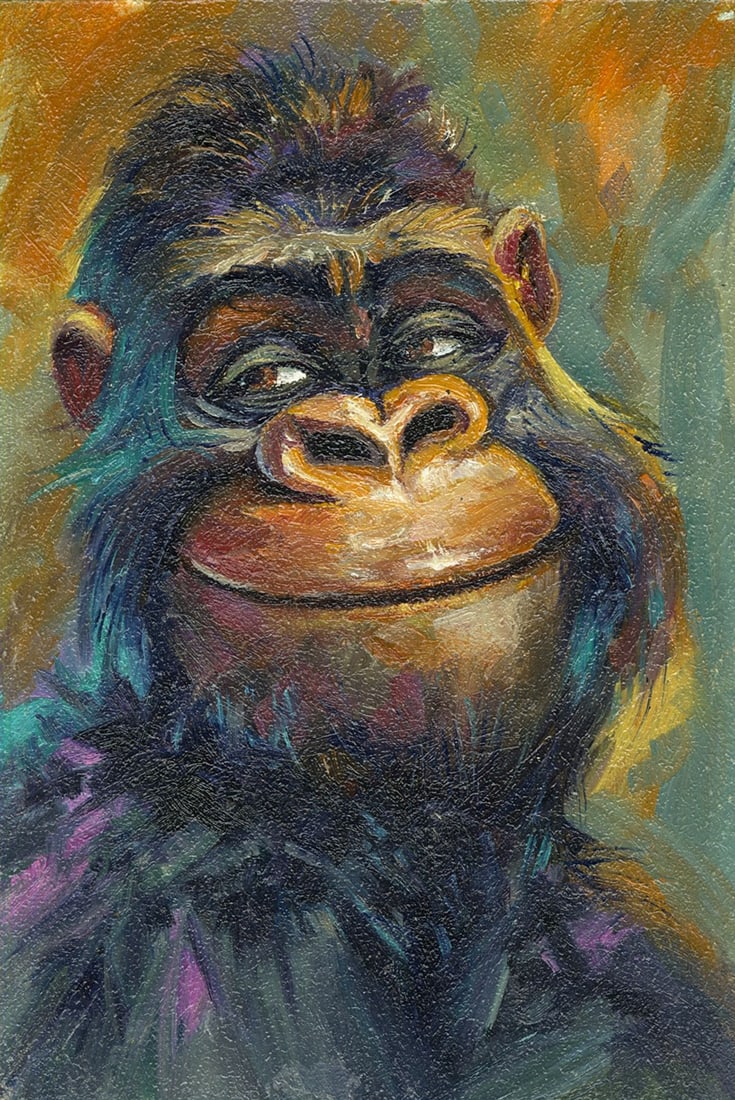 Sergey Kozachkin (Ukraine,b 1965) oil painting: ARTIST: Sergey Vasilievich Kozachkin (Ukraine, born 1965) TITLE: Ape Portrait MEDIUM: oil on board CONDITION: Very good. No visible inpaint under UV light. ART SI