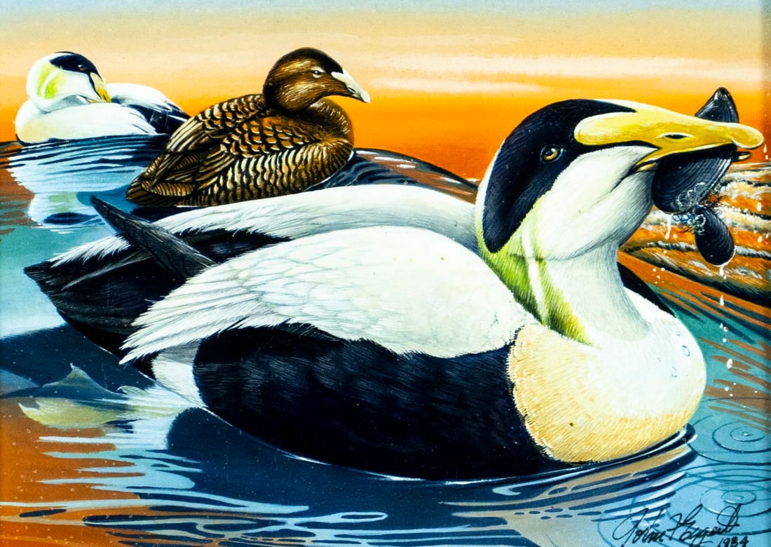 John Eggert (MA,1934-2001) gouache painting: ARTIST: John F Eggert (Massachusetts, 1934 - 2001) TITLE: Ducks YEAR: 1984 MEDIUM: gouache on paper CONDITION: Overall good. Framed under glass. Wear to