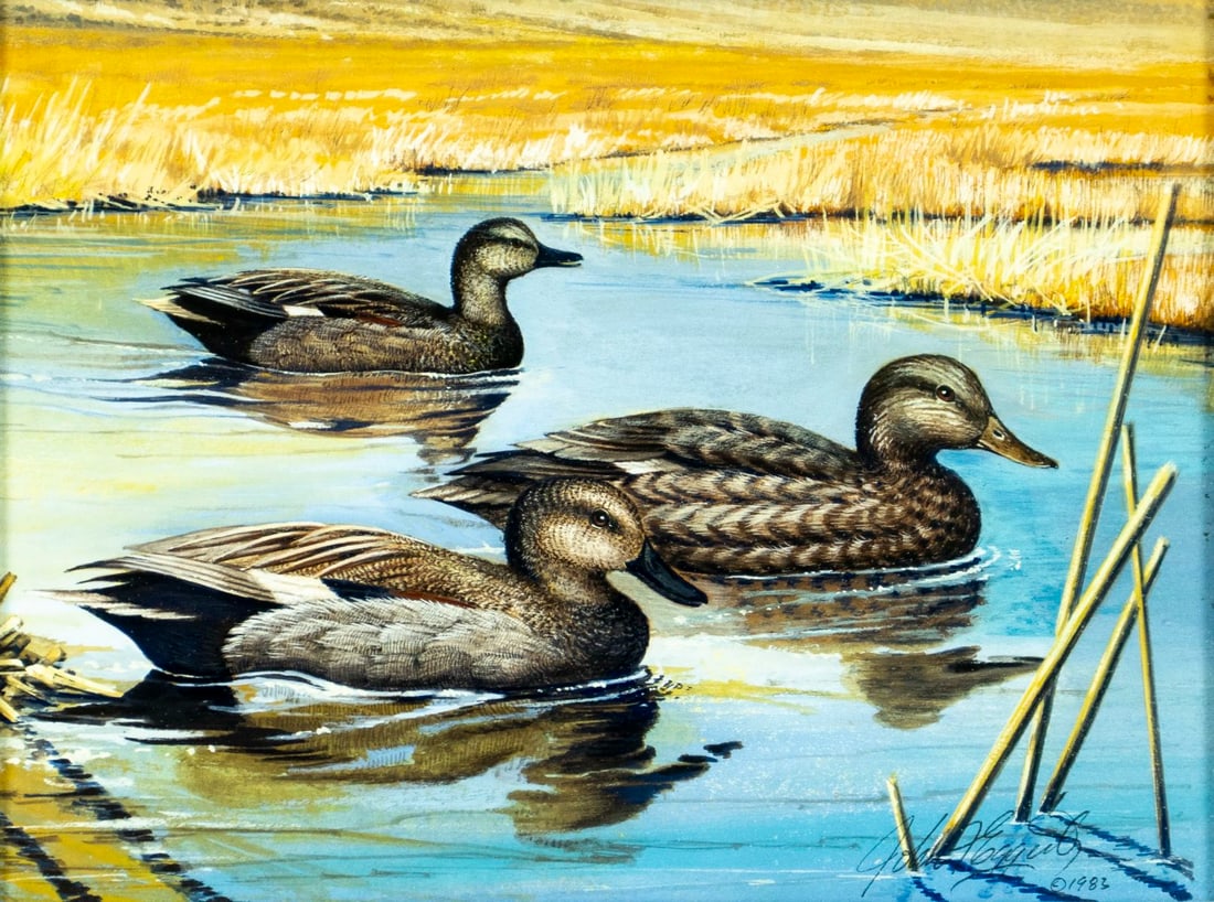 John Eggert (MA,1934-2001) gouache painting: ARTIST: John F Eggert (Massachusetts, 1934 - 2001) TITLE: Ducks YEAR: 1983 MEDIUM: gouache on paper CONDITION: Minor age toning. Framed under glass. Wear