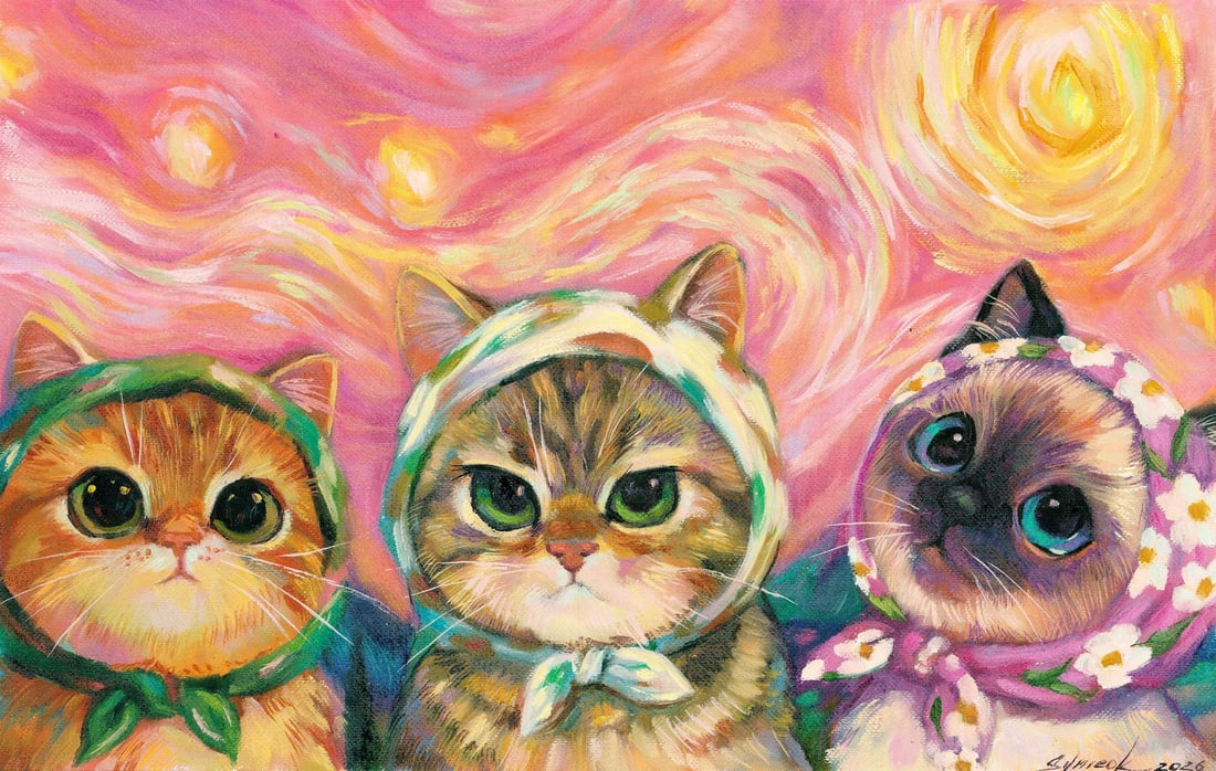 Tatiana Synieok (Ukraine,20/21C) oil painting: ARTIST: Tatiana Synieok (Ukraine, 20/21 centuries) TITLE: Three Cats MEDIUM: oil on heavy paper CONDITION: Very good. No visible inpaint under UV light. ART SIZE: