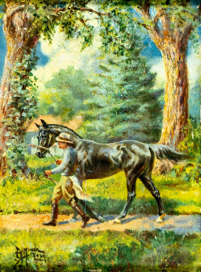 Edward Miner (NY,1882-1941) oil painting antique: ARTIST: Edward Herbert Miner (New York, 1882 - 1941) TITLE: Man Leading Horse MEDIUM: oil on board CONDITION: Few faint scratches. No visible inpaint under UV light. Wear