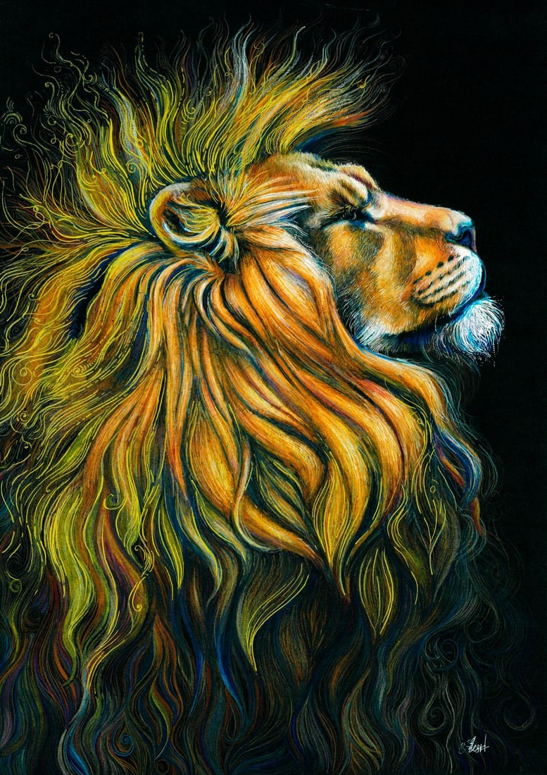 Lesya Larionova (Ukraine,20/21C) mixed media painting: ARTIST: Lesya Larionova (Ukraine, 20/21 centuries) TITLE: Lion MEDIUM: mixed media on heavy paper CONDITION: Very good. ART SIZE: 17 x 12 inches / 43 x 3