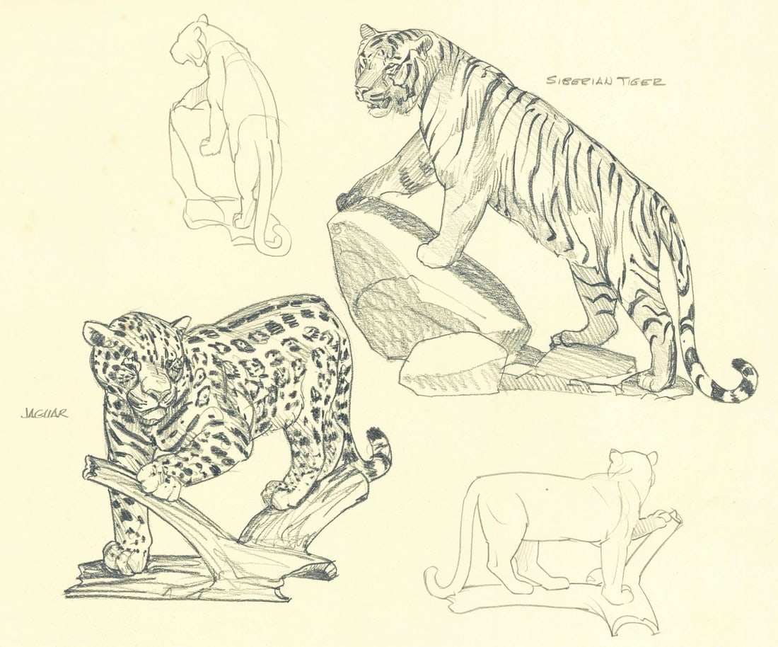 Nicholas Wilson (AZ,b 1947) graphite painting: ARTIST: Nicholas Wilson (Arizona, born 1947) TITLE: Big Cats - Siberian Tiger, Juguar YEAR: 1980s MEDIUM: graphite on paper CONDITION: Some foxing. Some