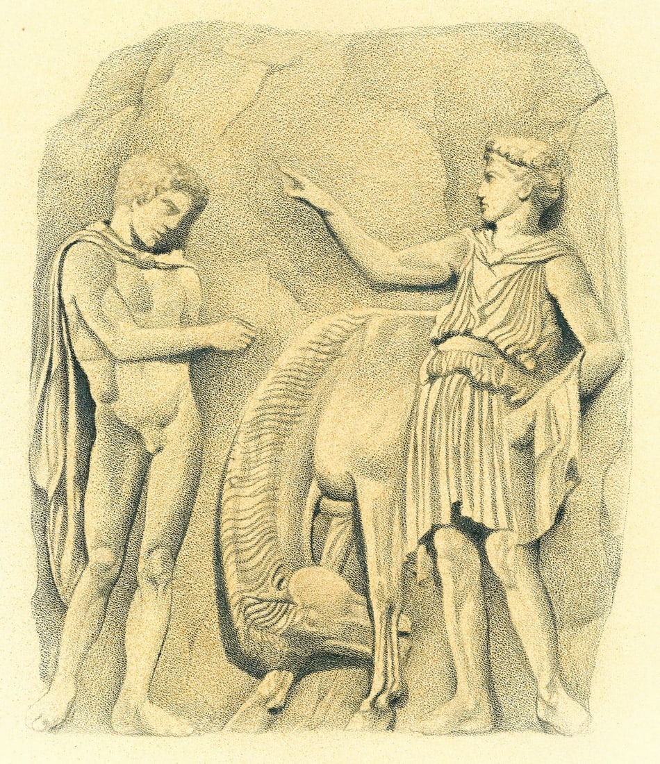 Dennis Luzak (IL,1939-?) graphite painting: ARTIST: Dennis Luzak (Illinois, 1939 - ???) TITLE: Illustration for Aristotle's The Politics book YEAR: 1980s MEDIUM: graphite on board CONDITION: Mino