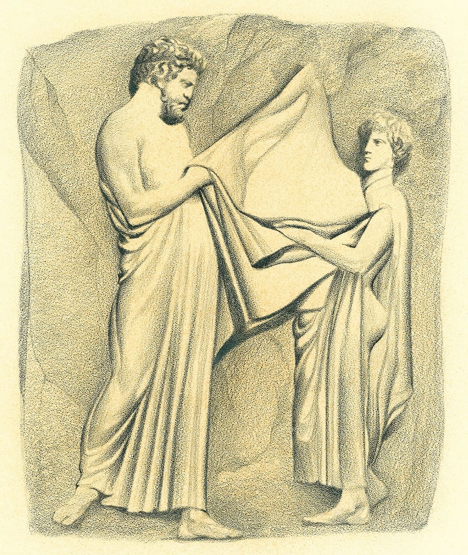 Dennis Luzak (IL,1939-?) graphite painting: ARTIST: Dennis Luzak (Illinois, 1939 - ???) TITLE: Illustration for Aristotle's The Politics book YEAR: 1980s MEDIUM: graphite on board CONDITION: Mino