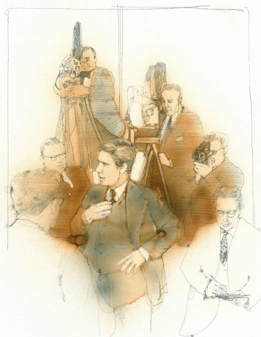 Walt Spitzmiller (MO,1944-2020) graphite painting: ARTIST: Walter Spitzmiller (Missouri, 1944 - 2020) TITLE: Illustration - Advise and Consent YEAR: 1977 MEDIUM: graphite on board CONDITION: Overall good.