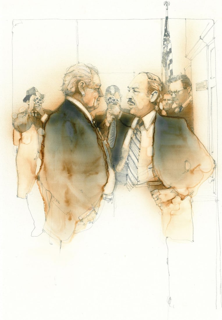Walt Spitzmiller (MO,1944-2020) graphite painting: ARTIST: Walter Spitzmiller (Missouri, 1944 - 2020) TITLE: Illustration - Advise and Consent YEAR: 1977 MEDIUM: graphite on board CONDITION: Overall good.