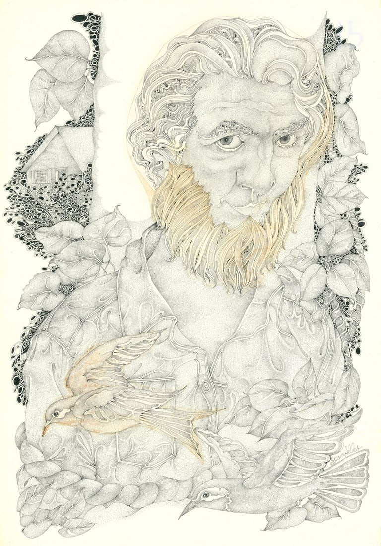 Jim Spanfeller (PA,1930-2014) ink painting: ARTIST: James J Spanfeller (Pennsylvania, 1930 - 2014) TITLE: Illustration - Thirteen O'Clock YEAR: 1981 MEDIUM: ink on paper CONDITION: Some uneven age