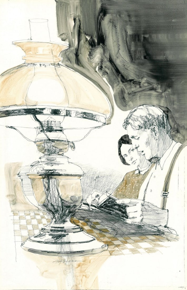 Howard Rogers (AZ,CA,1932-2022) watercolor painting: ARTIST: Howard Rogers (Arizona, California, 1932 - 2022) TITLE: Illustration - So Big 4 YEAR: 1977 MEDIUM: watercolor on board CONDITION: Overall good.