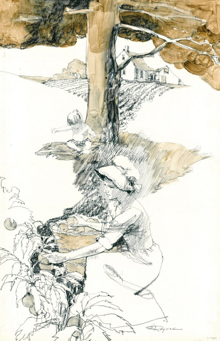 Howard Rogers (AZ,CA,1932-2022) watercolor painting: ARTIST: Howard Rogers (Arizona, California, 1932 - 2022) TITLE: Illustration - So Big 5 YEAR: 1977 MEDIUM: watercolor on board CONDITION: Overall good.