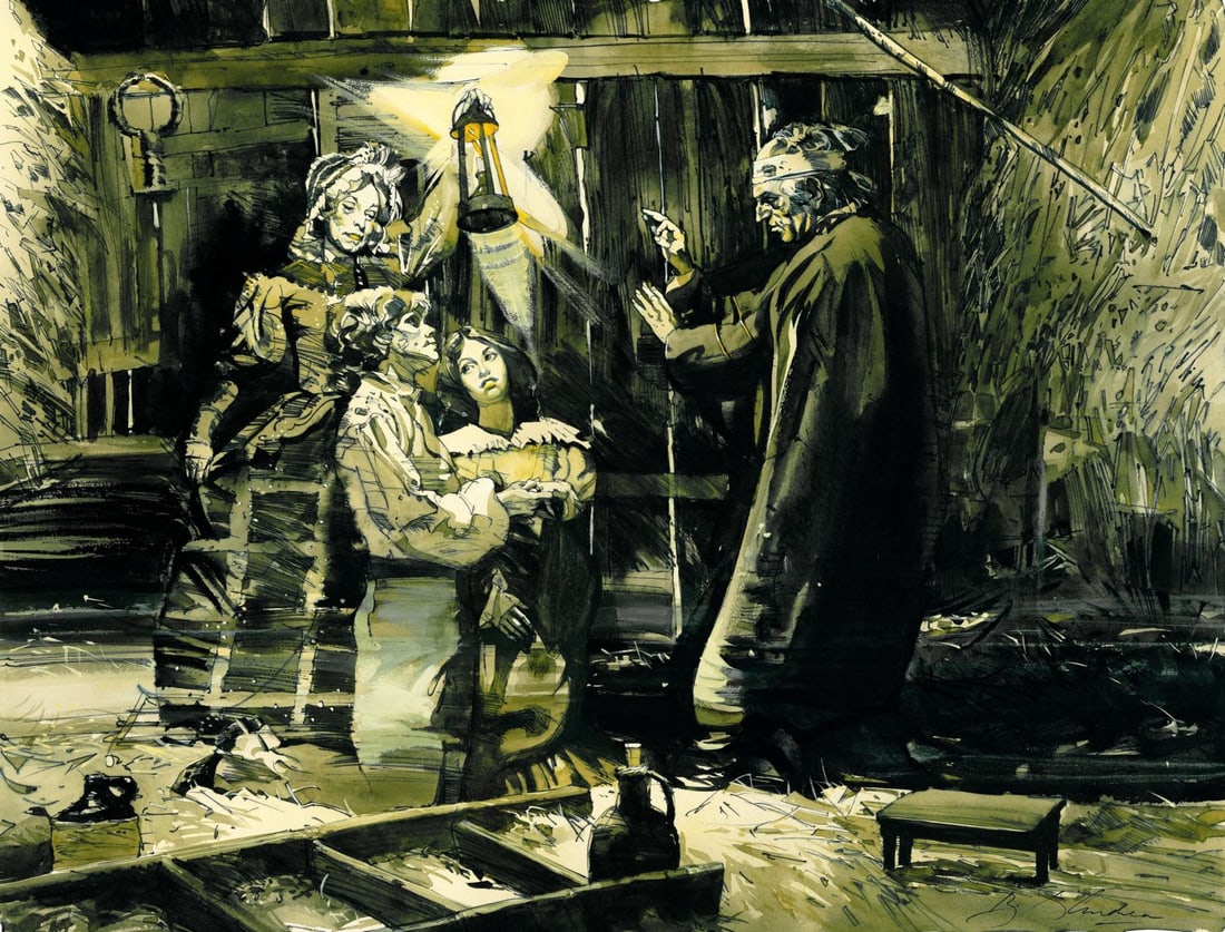 Bernard D'Andrea (NY,SC,1923-2016) watercolor painting: ARTIST: Bernard L D'Andrea (New York, South Carolina, 1923 - 2016) TITLE: Illustration - Seven Gothic Tales YEAR: 1978 MEDIUM: watercolor on board CONDITION: