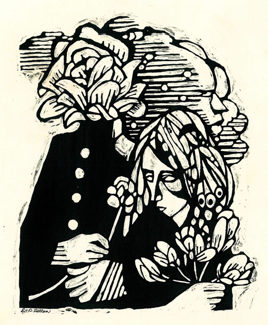 Leo Dillon (NY,1933-2012) woodblock print: ARTIST: Leo Dillon (New York, 1933 - 2012) TITLE: Illustration - Tale of Time YEAR: 1976 MEDIUM: woodblock print on paper. Paper applied to board. CONDITION: