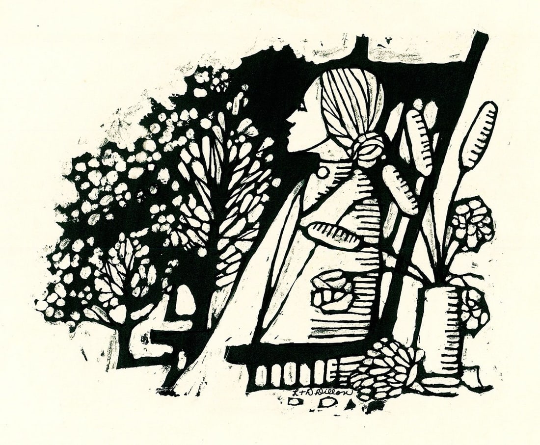 Leo Dillon (NY,1933-2012) woodblock print: ARTIST: Leo Dillon (New York, 1933 - 2012) TITLE: Illustration - Promises YEAR: 1976 MEDIUM: woodblock print on paper. Paper applied to board. CONDITION:
