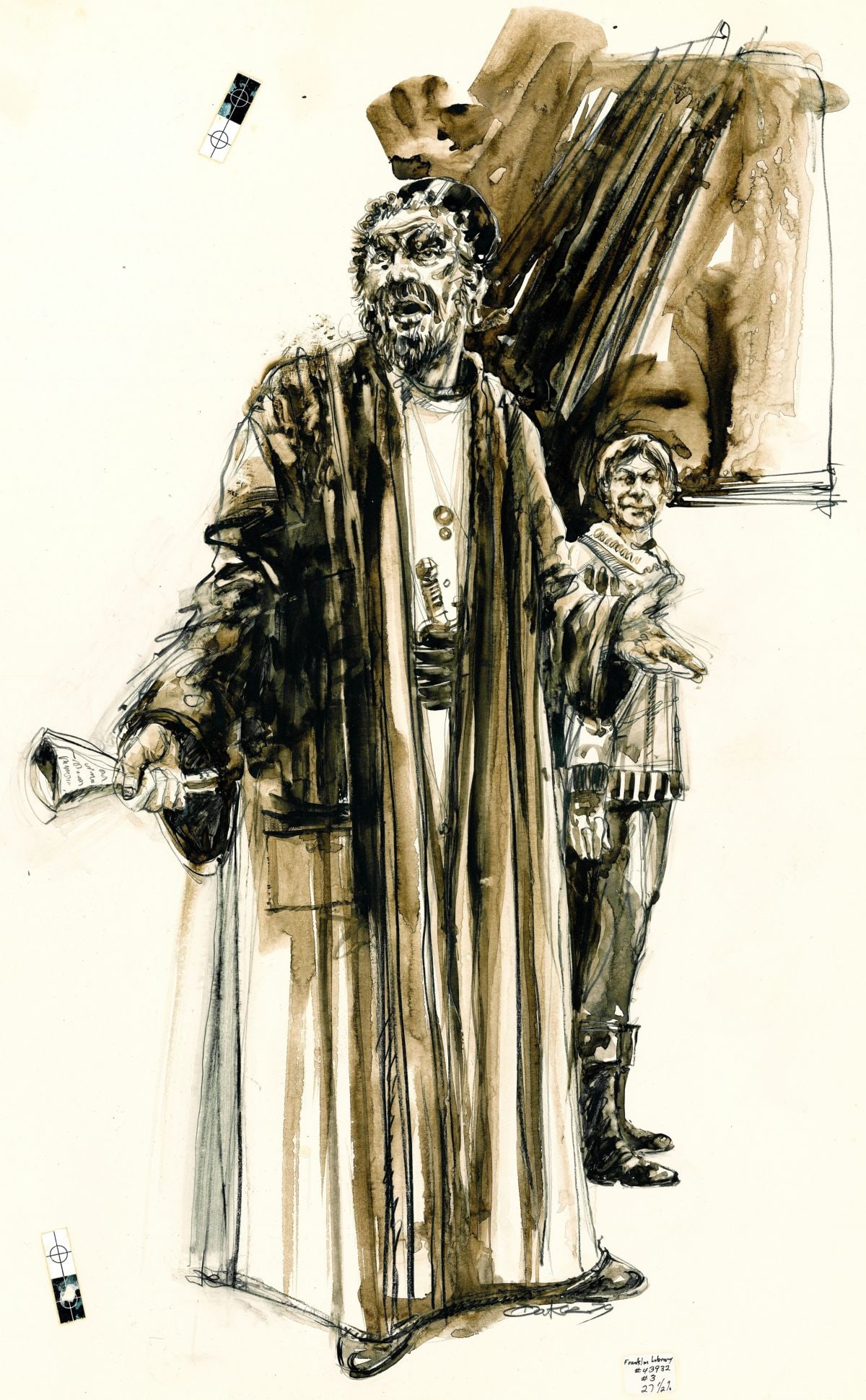 Bill Oakes (NH,1944-2005) watercolor painting: ARTIST: Bill Oakes (New Hampshire, 1944 - 2005) TITLE: William Shakespeare Illustration YEAR: 1979 MEDIUM: watercolor on heavy paper CONDITION: Some smal