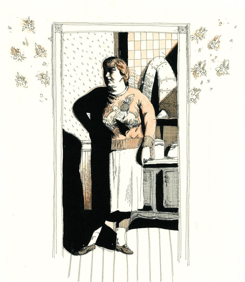 ATTR William Harmuth (NJ,1957-2025) watercolor painting: ARTIST: ATTRIBUTED TO William Harmuth (New Jersey, 1957 - 2025) TITLE: Illustration - A Good Man YEAR: 1980s MEDIUM: watercolor on heavy paper CONDITION:
