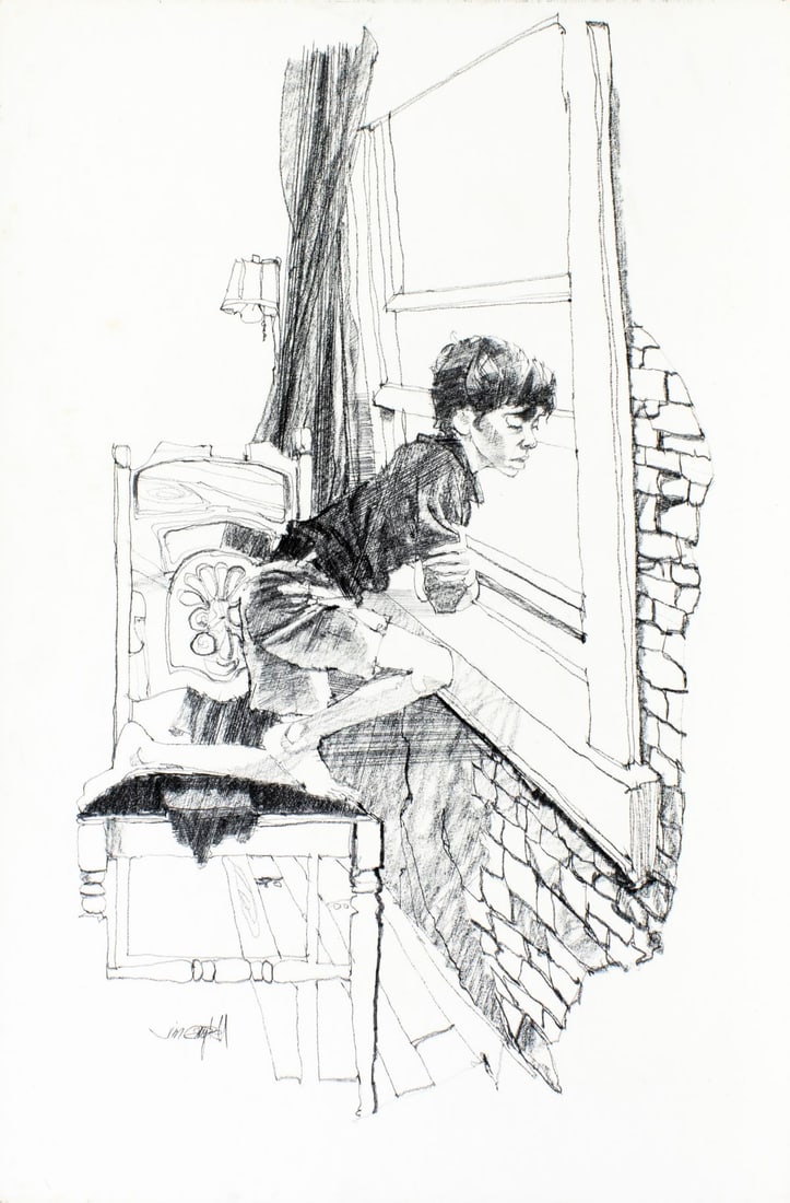 James Richard Campbell (CT,AL,1942-2022) graphite painting: ARTIST: James Richard Campbell (Connecticut, Alabama, 1942 - 2022) TITLE: Illustration - History A Novel YEAR: 1977 MEDIUM: graphite on board CONDITION: