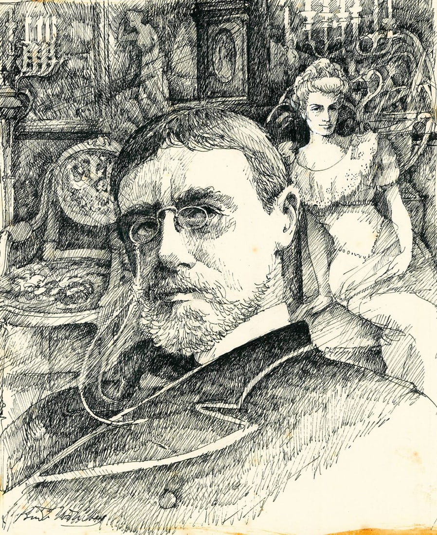 Ben Wohlberg (VA,NY,1927-2024) ink painting: ARTIST: Ben Wohlberg (Virginia, New York, 1927 - 2024) TITLE: Henry James Illustration YEAR: 1977 MEDIUM: ink on board CONDITION: Minor damages to corner