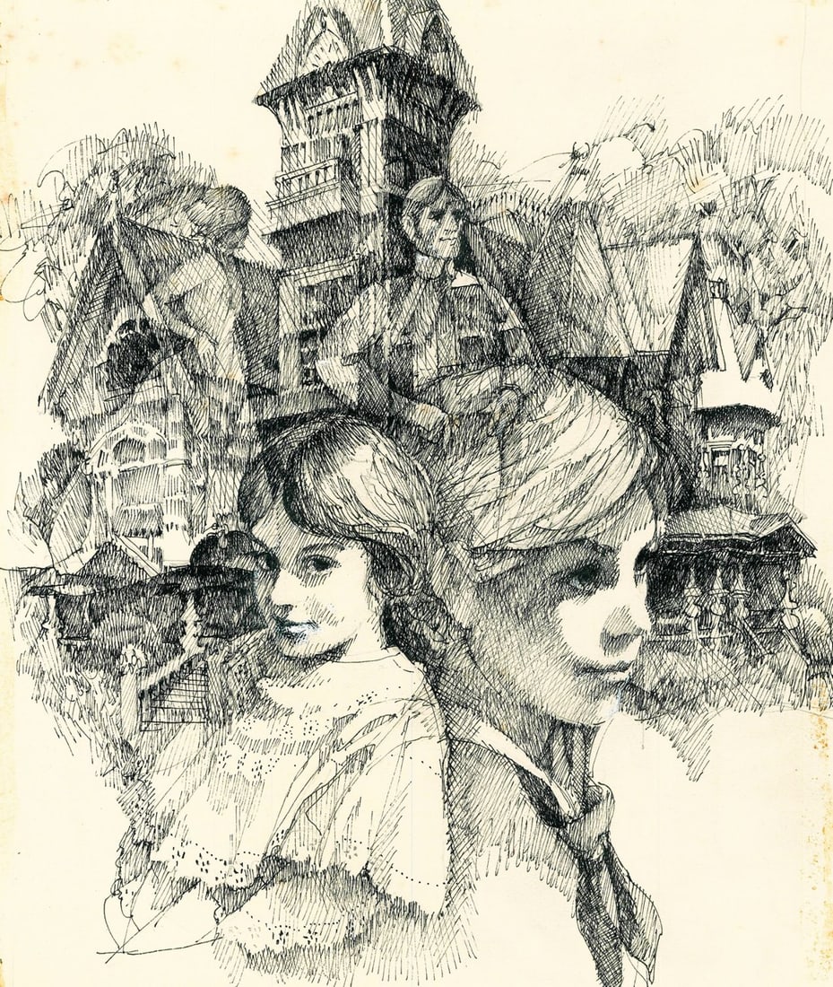 Ben Wohlberg (VA,NY,1927-2024) ink painting: ARTIST: Ben Wohlberg (Virginia, New York, 1927 - 2024) TITLE: Henry James Illustration YEAR: 1977 MEDIUM: ink on board CONDITION: Minor damages to corner