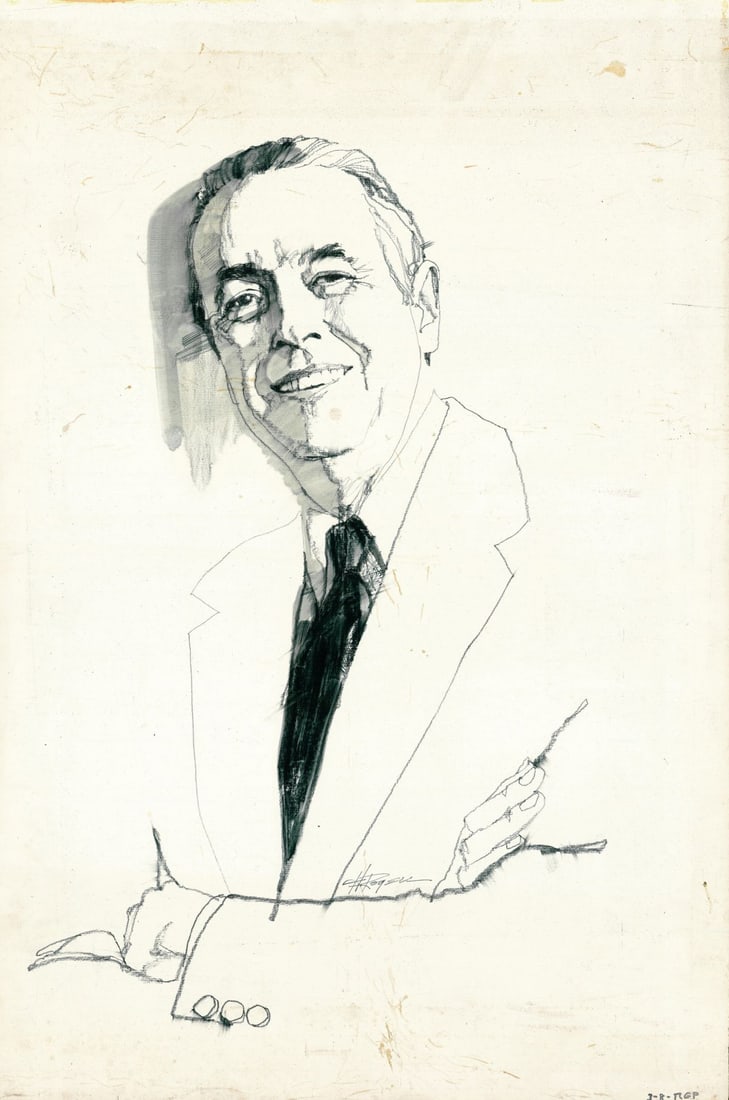 Howard Rogers (AZ,CA,1932-2022) graphite painting: ARTIST: Howard Rogers (Arizona, California, 1932 - 2022) TITLE: Illustration - Portrait of Man YEAR: 1980s MEDIUM: graphite on board CONDITION: Some fain