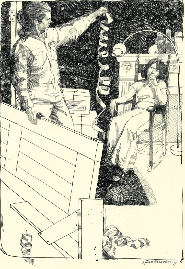 Allan Mardon (NY,AZ,Canada,1931-2020) ink painting: ARTIST: Allan Mardon (New York, Arizona, Canadian, 1931 - 2020) TITLE: Illustration - The Walnut Door YEAR: 1977 MEDIUM: ink on paper. Paper applied to board. CON