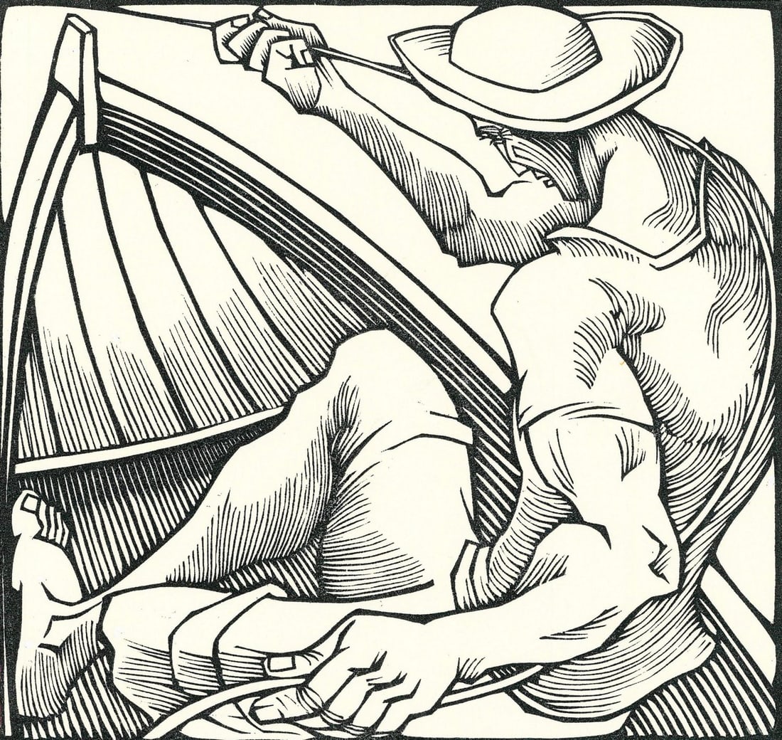 David Frampton (NY,NH,20/21C) woodblock print: ARTIST: David Frampton (New York, New Hampshire, 20/21 centuries) TITLE: Illustration YEAR: 1980s MEDIUM: woodblock print on paper CONDITION: Minor age t