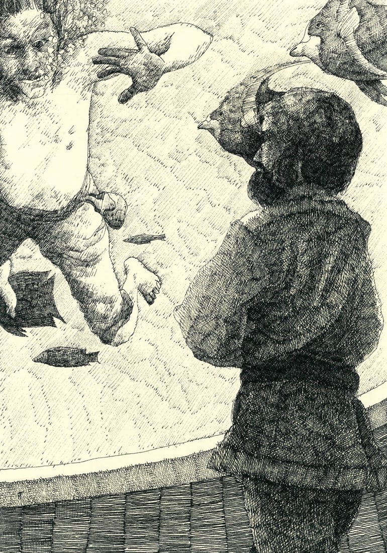 Peter Fiore (PA,NY,NJ,b 1955) ink painting: ARTIST: Peter Fiore (Pennsylvania, New York, New Jersey, born 1955) TITLE: Illustration - Twenty Thousand Leagues Under the Seas YEAR: 1978 MEDIUM: ink on heavy paper